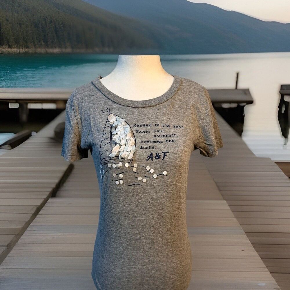Abercrombie & Fitch Headed to The Lake Embellished T-Shirt Lake Sailboat Size S